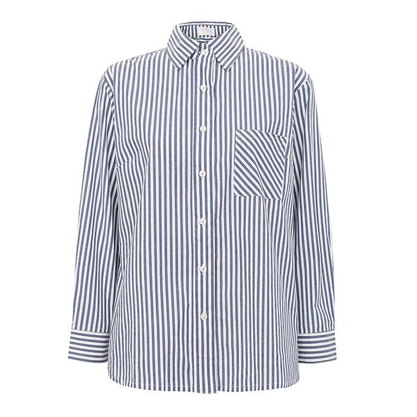 Camisa Over Manga Longa Em Listras Azul