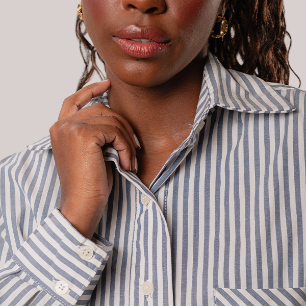 Camisa Over Manga Longa Em Listras Azul