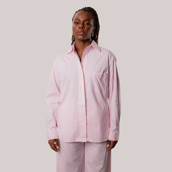 Camisa Over Manga Longa Em Listras Rosa