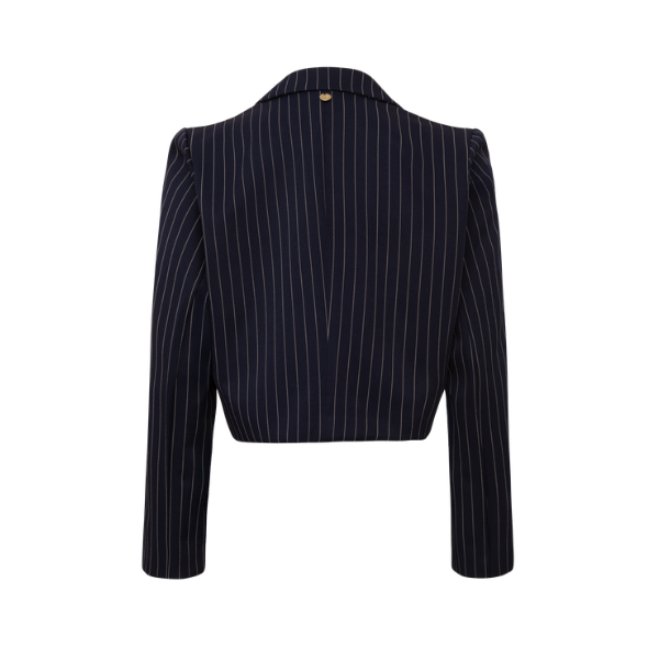 Blazer Cropped Alfaiataria Risca de Giz Azul Marinho