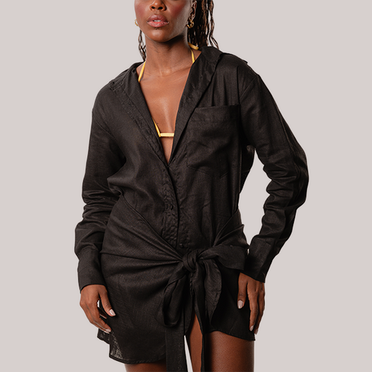 Conjunto Camisa Manga Longa e Short Linho Preto