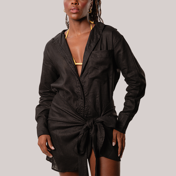 Camisa de Linho Manga Longa Preto