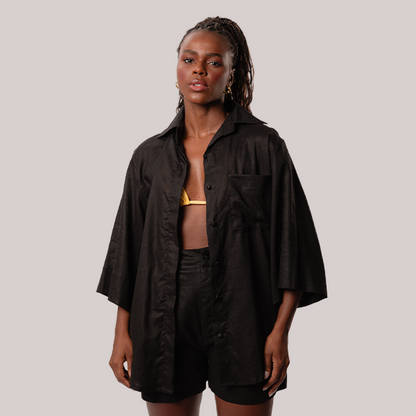 Conjunto Camisa Manga Longa e Short Linho Preto
