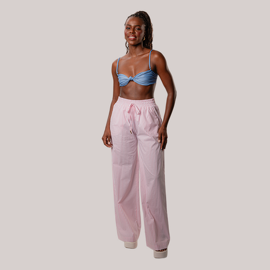 Calça Reta Em Listras Rosa