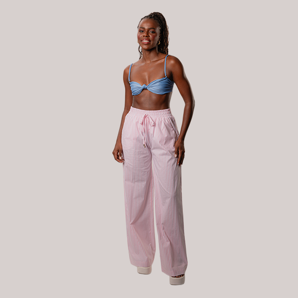 Calça Reta Em Listras Rosa