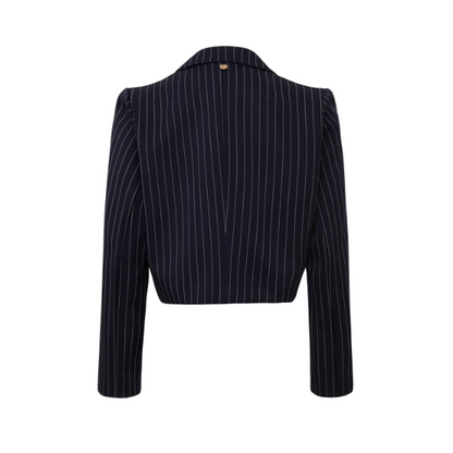 Blazer Cropped Alfaiataria Risca de Giz Azul Marinho