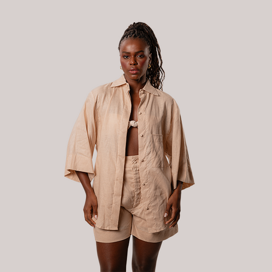 Camisa de Linho Manga 3/4 Areia