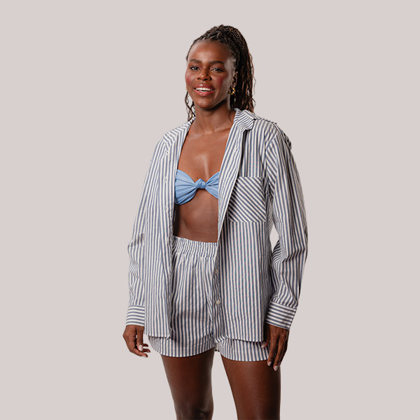 Camisa Over Manga Longa Em Listras Azul