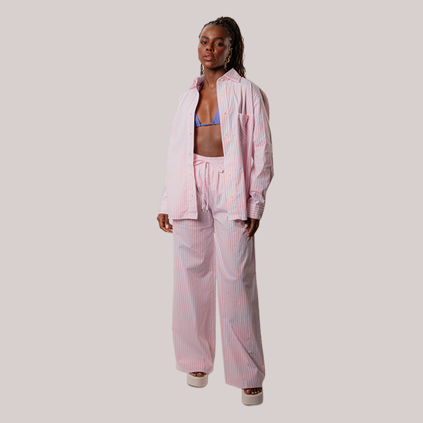 Camisa Over Manga Longa Em Listras Rosa