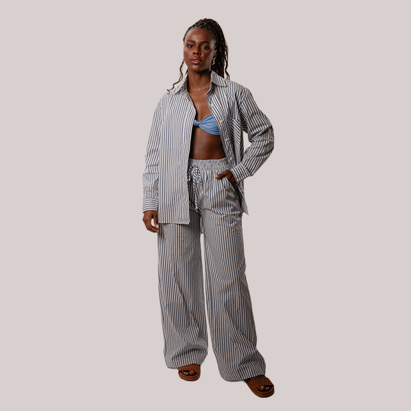 Calça Reta Em Listras Azul