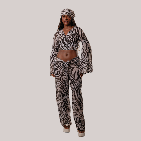 Blusa Manga Longa Com Amarração Frontal Em Chiffon Zebra