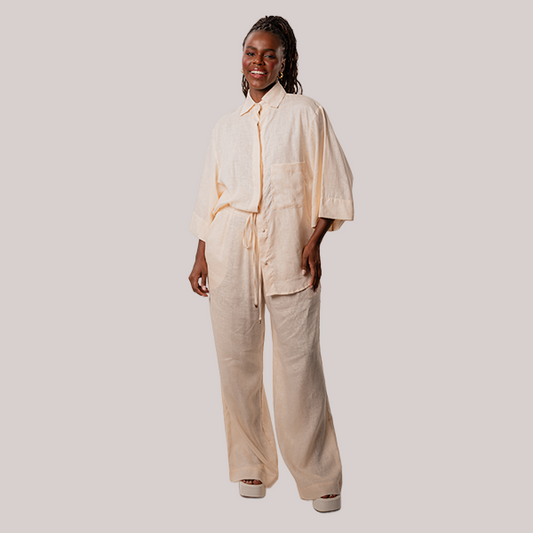 Camisa de Linho Manga 3/4 Amarelo Manteiga