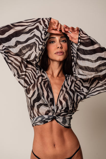 Blusa Manga Longa Com Amarração Frontal Em Chiffon Zebra